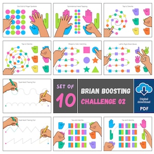 May include: A digital PDF with 10 brain-boosting challenges. The challenges include dot grids, finger symbols, shape and color matching, and dual-hand tracing. The image also shows hand tapping exercises and finger exercises.