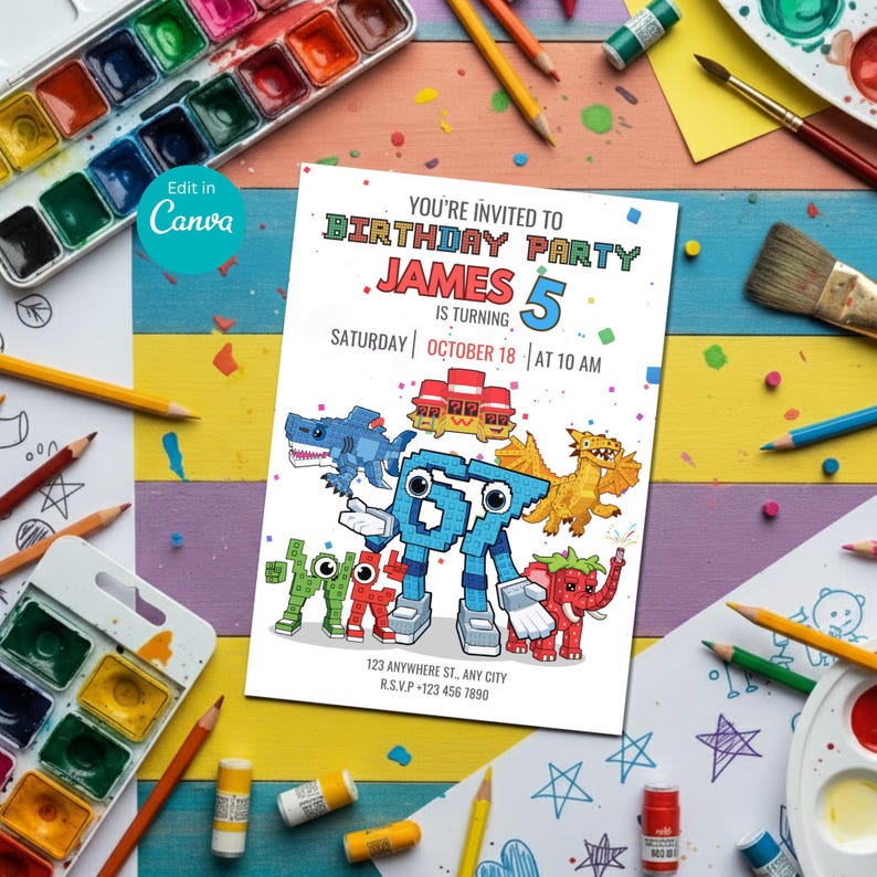 May include: A birthday party invitation with pixelated animal illustrations. The invitation reads "You're Invited to Birthday Party, James is turning 5, Saturday October 18 at 10 AM." The invitation is surrounded by art supplies.