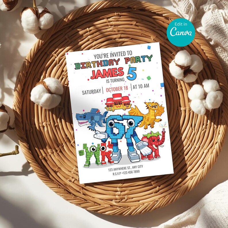 May include: A birthday party invitation with the text "You're Invited to Birthday Party James 5". The invitation features colorful cartoon illustrations of various creatures and the date, Saturday, October 18 at 10 AM.