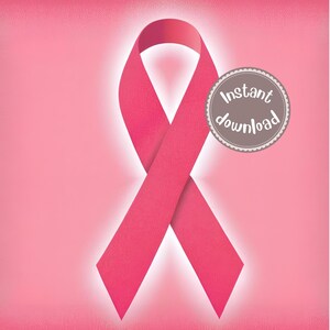 May include: A pink ribbon, a symbol of breast cancer awareness, is displayed against a soft pink background. A circular emblem with the words "Instant download" is on the right side of the image.