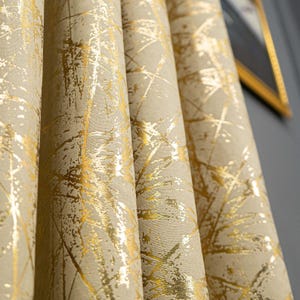 Elegant Gold Velvet Curtains With Gold Lines | Luxury Curtain Panels for Living Room & Bedroom | 13 Colors, 6 Hanging Options