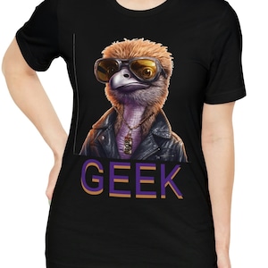 Geek-Coded Ostrich: Cyberpunk Chic for Tech Wizards Punk Ostrich Geek T-Shirt Unisex Jersey Short Sleeve Tee, Black, White and Ash