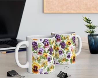 Pansy Floral Pattern Mug | Purple Yellow Pansies All-Over Print