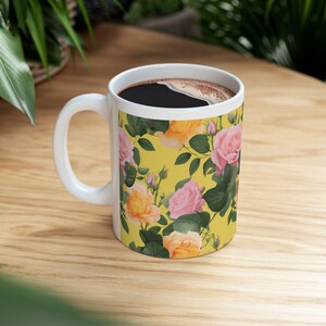 Pink Yellow Rose Flower MUG-11OZ, Floral Ceramic Mug 11oz, Happy Spring Mug