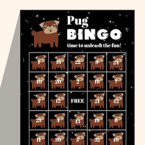 Pug Birthday Bingo | Kids Birthday Activity Bingo Game | Pug Puppy Themed Bingo Cards | 10 Variations Pug BDAY Bingo Sheets