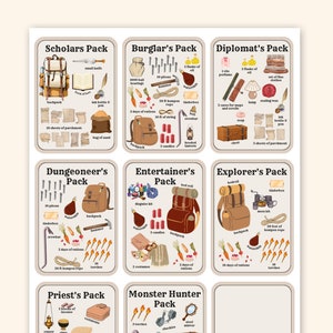 Paquetes de equipos DND / Conjunto de medios de ayuda visual impresos / Folletos de reproductor PDF / Compañero de inventario de D&D 5e / Nuevos materiales para jugadores / DND personalizado