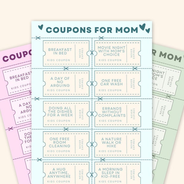 Mom Birthday Coupon | Birthday Coupon Book Template | Kids Mothers Day Craft Activity Template | Printable Voucher | Simple Gift For Mom