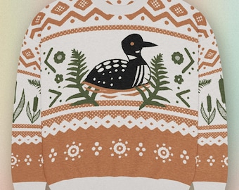 Common Loon Fair Isle Reeds Lake Knit Sweater | Jacquard Wildlife Bird Sweater with Ferns and Reeds | Nature Lover Knit Pullover