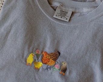 Embroidered Hen & Chicks Comfort Colors Shirt: Farmer Gift