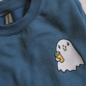 Embroidered Ghost Latte Pullover: Spooky Halloween Gildan Sweatshirt