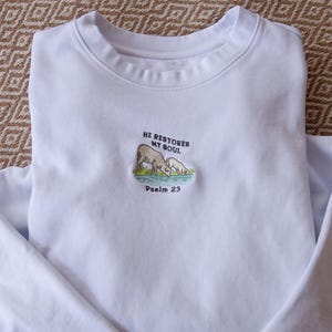 Embroidered Psalm 23 Sheep by Water 100% Organic Cotton Sweatshirt: Bible Verse Gift for Christian