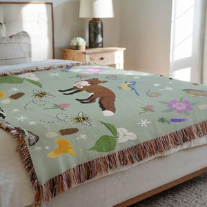 Woodland Animals Woven Blanket: 100% Cotton Nature Decor