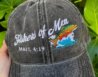 Gorra de algodón vintage con bordado de versículo bíblico cristiano: Mateo 4:19 Pescadores de hombres Trucha marrón