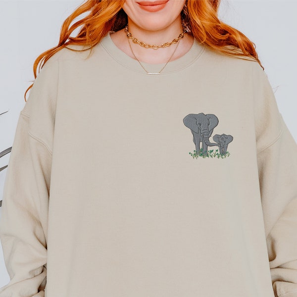 Elephant Embroidered Crew Neck Sweatshirt, Elephant Mom and Baby Shirt, Embroidered Safari, Trendy Elephant Shirts, Cute Embroidered Shirts