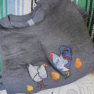 Embroidered Chicken Family Crewneck Sweatshirt: Farm Animal Shirt