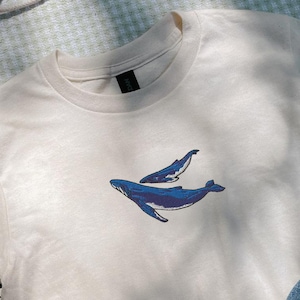Humpback Whale Mom and Baby Embroidered Gildan Youth Shirt for Ocean Lovers