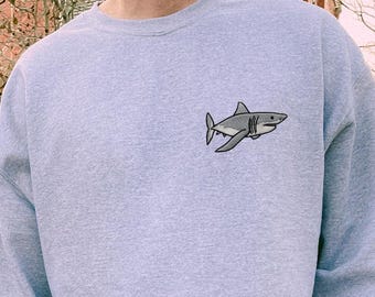Embroidered Great White Shark Crewneck Pullover Sweatshirt, Shark Sweater, Aesthetic Beach Shirts, Cute Ocean Shirts, Gift for Shark Lover
