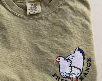 Free Range Chicken Embroidered Comfort Colors Shirt, Gift for Farmer, Chicken Lover Shirts