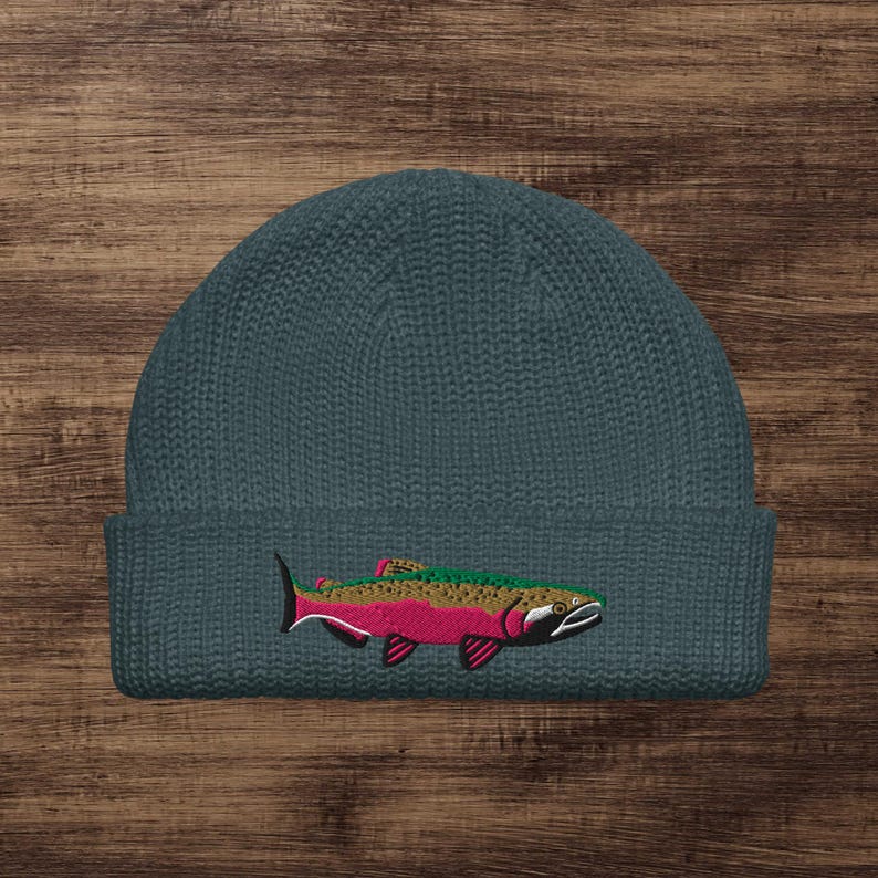 Gorro de pescador con bordado de salmón coho Petrol Blue