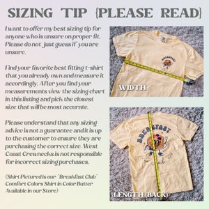 May include: A light yellow t-shirt with a graphic of a smiling pancake with the text "Breakfast Club." The shirt is being measured for width and length with a yellow measuring tape. Text on the image provides sizing tips.