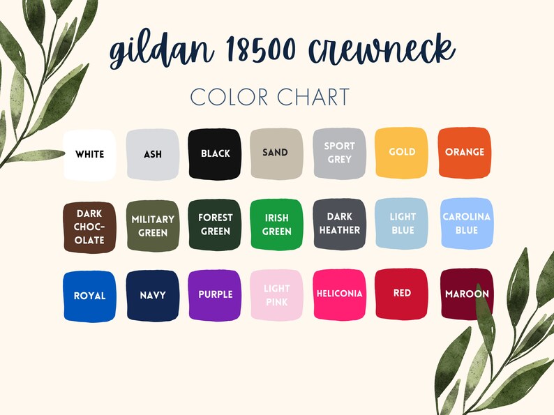 May include: Color chart for Gildan 18500 crewneck t-shirts. The chart shows 20 different colors, including white, ash, black, sand, sport grey, gold, orange, dark chocolate, military green, forest green, Irish green, dark heather, light blue, Carolina blue, royal, navy, purple, light pink, heliconia, red, and maroon.