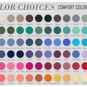 May include: A color chart with a variety of shades, including white, black, and various hues of blue, green, pink, and orange. The text "COLOR CHOICES COMFORT COLORS 1717" is displayed at the top.