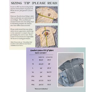 May include: Size chart for a Comfort Colors 1717 J-Shirt in various sizes. The chart shows the width and length measurements in inches for sizes S through 4XL.