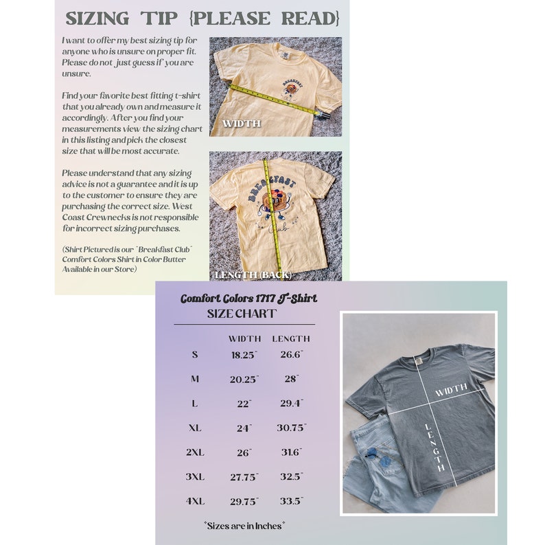 May include: Size chart for a Comfort Colors 1717 J-Shirt in various sizes. The chart shows the width and length measurements in inches for sizes S through 4XL.