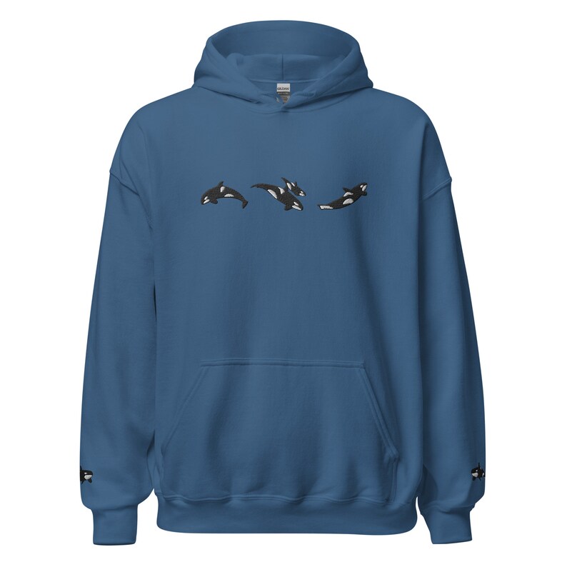 Trio of Orcas Embroidered Hoodie Sweatshirt with Sleeves Embroidered - Orca Whale Shirts, Ocean Theme Shirts, Trendy Ocean Shirts, y2k trend