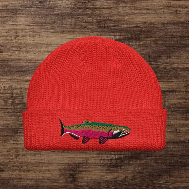 Gorro de pescador con bordado de salmón coho Red