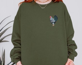 Embroidered Rooster Crewneck Sweatshirt: Farm Animal Pullover