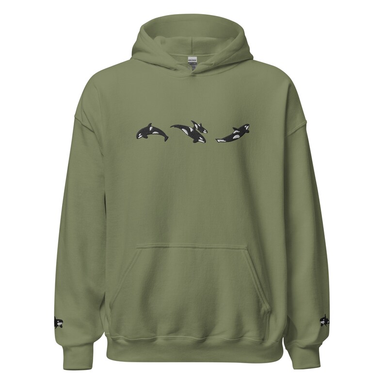 Trio of Orcas Embroidered Hoodie Sweatshirt with Sleeves Embroidered - Orca Whale Shirts, Ocean Theme Shirts, Trendy Ocean Shirts, y2k trend