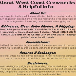 K&ouml;nnte beinhalten: Textbasierte Grafik mit dem Titel "About West Coast Crewnecks & Helpful Info:" auf einem Farbverlaufshintergrund. Der Text enth&auml;lt Informationen &uuml;ber den Verk&auml;ufer, Bestelldetails, Stornierungen, R&uuml;cksendungen und Haftungsausschl&uuml;sse.