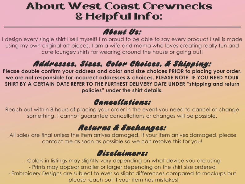 K&ouml;nnte beinhalten: Textbasierte Grafik mit dem Titel "About West Coast Crewnecks & Helpful Info:" auf einem Farbverlaufshintergrund. Der Text enth&auml;lt Informationen &uuml;ber den Verk&auml;ufer, Bestelldetails, Stornierungen, R&uuml;cksendungen und Haftungsausschl&uuml;sse.