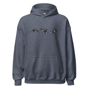 Trio of Orcas Embroidered Hoodie Sweatshirt with Sleeves Embroidered - Orca Whale Shirts, Ocean Theme Shirts, Trendy Ocean Shirts, y2k trend