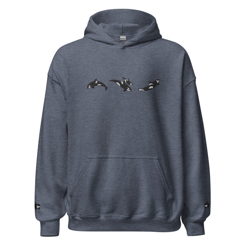 Trio of Orcas Embroidered Hoodie Sweatshirt with Sleeves Embroidered - Orca Whale Shirts, Ocean Theme Shirts, Trendy Ocean Shirts, y2k trend