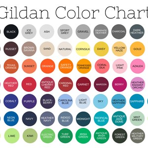 K&ouml;nnte beinhalten: Eine Farbkarte von Gildan mit einer gro&szlig;en Auswahl an Farben f&uuml;r Kleidung. Die Karte enth&auml;lt Farbt&ouml;ne wie Wei&szlig;, Schwarz, Marineblau und Neongr&uuml;n, wobei jede Farbe in einem kreisf&ouml;rmigen Farbfeld mit ihrem Namen angezeigt wird.