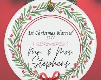 Personalized First Christmas Married Ornament: Newlywed Wedding Keepsake