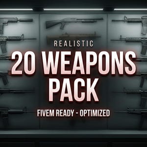 May include: A display of 20 realistic weapons, including rifles and shotguns, arranged against a dark background. The text "20 WEAPONS PACK" is prominently displayed, with "FIVE READY - OPTIMIZED" below.