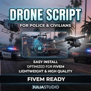 May include: An advertisement for a drone script, featuring a helicopter and drones in flight over a city scene with police cars. Text includes "DRONE SCRIPT" and "FOR POLICE & CIVILIANS". Additional text promotes easy installation and high quality.