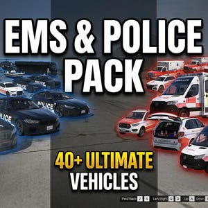 Könnte beinhalten: Ein Bild, das eine Sammlung von Fahrzeugen des Rettungsdienstes und der Polizei zeigt. Das Bild zeigt eine Vielzahl von Autos, Transportern und Hubschraubern, mit dem Text "EMS & POLICE PACK" und "40+ ULTIMATE VEHICLES".