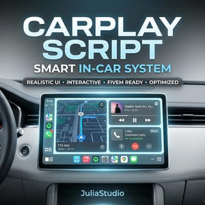 Könnte beinhalten: Ein Autointerieur mit einem digitalen Display, auf dem "CARPLAY SCRIPT" und "SMART IN-CAR SYSTEM" angezeigt werden. Der Bildschirm zeigt eine Navigationskarte, Musiksteuerungen und eine Telefonschnittstelle. Lenkrad und Armaturenbrett sind ebenfalls sichtbar.