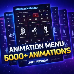 Könnte beinhalten: Eine digitale Benutzeroberfläche, die ein "Animationsmenü" mit über 5000 Animationen anzeigt. Die Oberfläche hat ein dunkles Thema mit weißen Symbolen und Text, das verschiedene Animationskategorien und eine Live-Vorschauoption anzeigt. Der Hintergrund ist ein Blau-Violett-Verlauf.