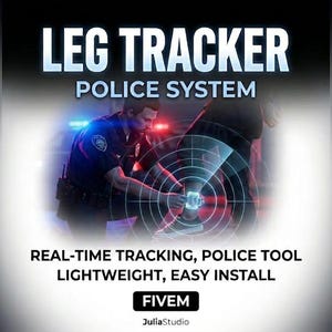 Puede incluir: Imagen de un oficial de policía colocando un rastreador de piernas. El texto dice "LEG TRACKER POLICE SYSTEM". Texto adicional dice "REAL-TIME TRACKING, POLICE TOOL, LIGHTWEIGHT, EASY INSTALL". Fondo oscuro.