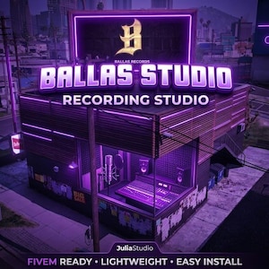 Może przedstawiać: Fioletowo oświetlone studio nagraniowe z napisem "BALLAS STUDIO RECORDING STUDIO" w neonowym szyldzie. Studio ma szklaną fasadę, odsłaniającą konsolę mikserską, mikrofon i głośniki. Obraz zawiera również tekst "FIVE READY LIGHTWEIGHT EASY INSTALL".