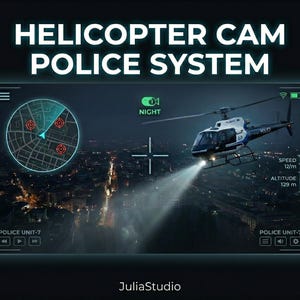 May include: A digital display shows a helicopter cam police system with the text "HELICOPTER CAM POLICE SYSTEM". The image includes a helicopter, a radar map, and night vision mode. The helicopter's speed is 12 m/s and altitude is 129 m.