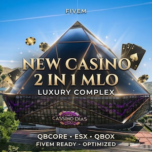 Może przedstawiać: Cyfrowa wizualizacja luksusowego kompleksu kasyna w kształcie piramidy z napisem "NEW CASINO 2 IN 1 MLO LUXURY COMPLEX". Kasyno posiada złote akcenty, karty do gry i żetony kasynowe. Widoczny jest również napis "CASSINO DIAS".