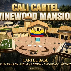 Könnte beinhalten: Eine architektonische Darstellung einer Villa mit dem Text "CALI CARTEL VINEWOOD MANSION" in goldfarbenen Buchstaben. Die Villa verfügt über einen großen Innenhof, einen Swimmingpool und eine Flagge mit gelben, blauen und roten Streifen. Die Worte "CARTEL BASE" sind ebenfalls sichtbar.