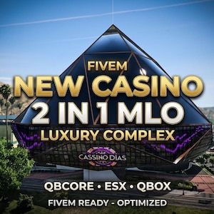 May include: An image of a modern, pyramid-shaped building with the words "NEW CASINO 2 IN 1 MLO LUXURY COMPLEX" in gold lettering. The text "FIVEM" is at the top, and "QBCORE • ESX • QBOX" and "FIVEM READY - OPTIMIZED" are at the bottom. The building is set against a backdrop of mountains and palm trees.