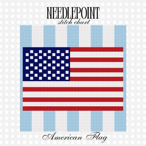 May include: Needlepoint stitch chart of the American flag. The flag features a blue square with white stars in the upper left corner and red and white stripes. The background has blue and white vertical stripes. The words "Needlepoint stitch chart" and "American Flag" are also visible.